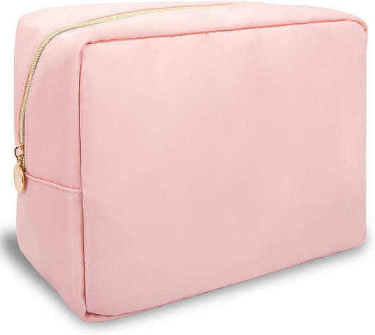 Nylon Large Makeup Bag Travel Pouch for Women, Preppy Big Pink Makeup Bag Cute Cosmetic Zipper Pouch Purse, DIY Chenille Letter Bag Waterproof Toiletry Bag Clutch Makeup Organizer for Women Girl(Pink)