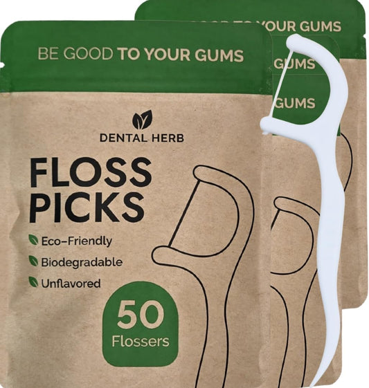 Dental Herb Company Biodegradable Dental Floss Picks, 200 Count (4×50) - Unflavoured, Plant-Based, Plastic-Free & BPA-Free Tooth Flossers, Vegan & Eco-Friendly Oral Care