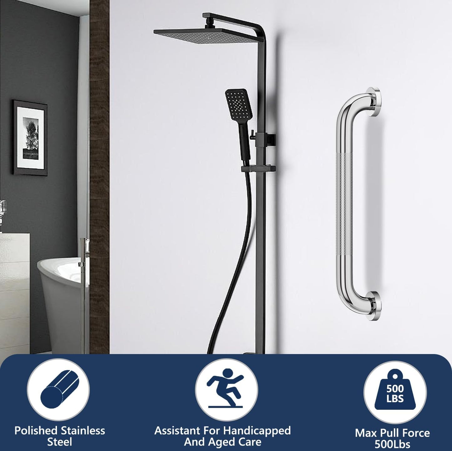 Grab Bars for Bathroom 16 Inch Silver Stainless Steel Rhombus Shower Grab Bar Anti Slip Home Care Bath Handrail Safety Hand Rail Support for Showers Seniors Elderly Assist Handicap Bath Handle 2 Pack