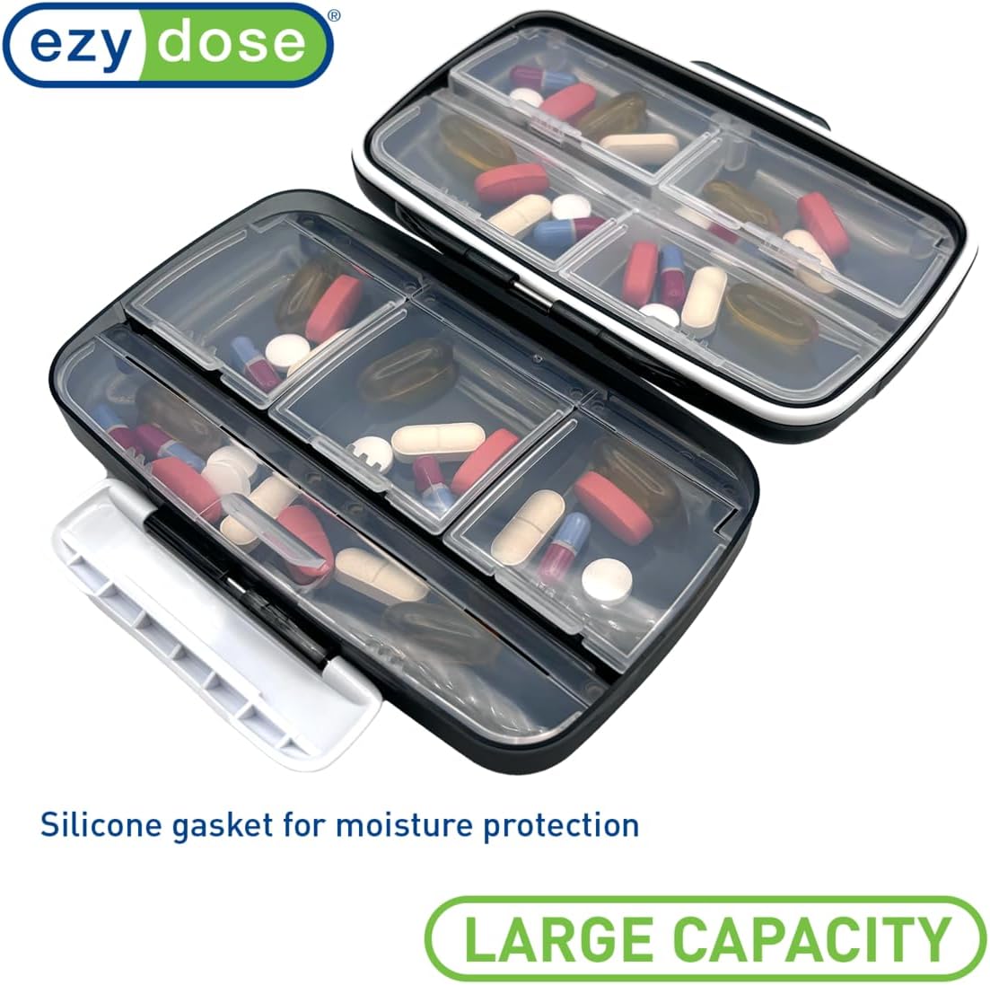 EZY DOSE Moisture-Proof Pill Case, Medicine Planner, Vitamin Organizer Box, Travel-Friendly, Latch-Closure to Secure Contents, 8 Individual Compartments of Multiple Sizes with Tight Seal, Large, Black
