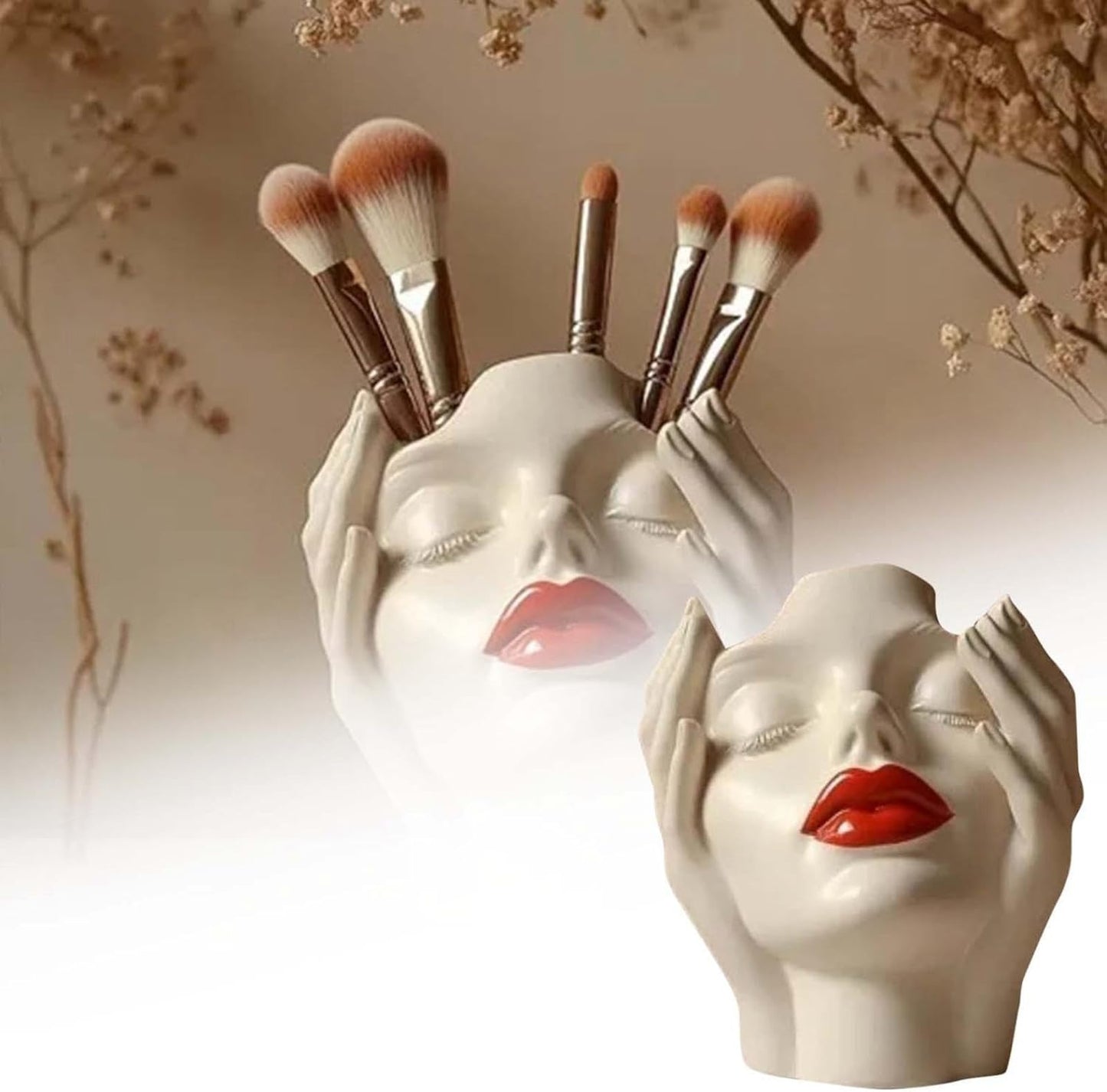 Makeup Brush Organizer, Boho Women Head Shape Sculpture, Modern Desk Decor Pen Holder, White Female Face Vase Bookshelf Decor, Office Shelf Organizer for Vanity, Living Room, Home (Beige 4)