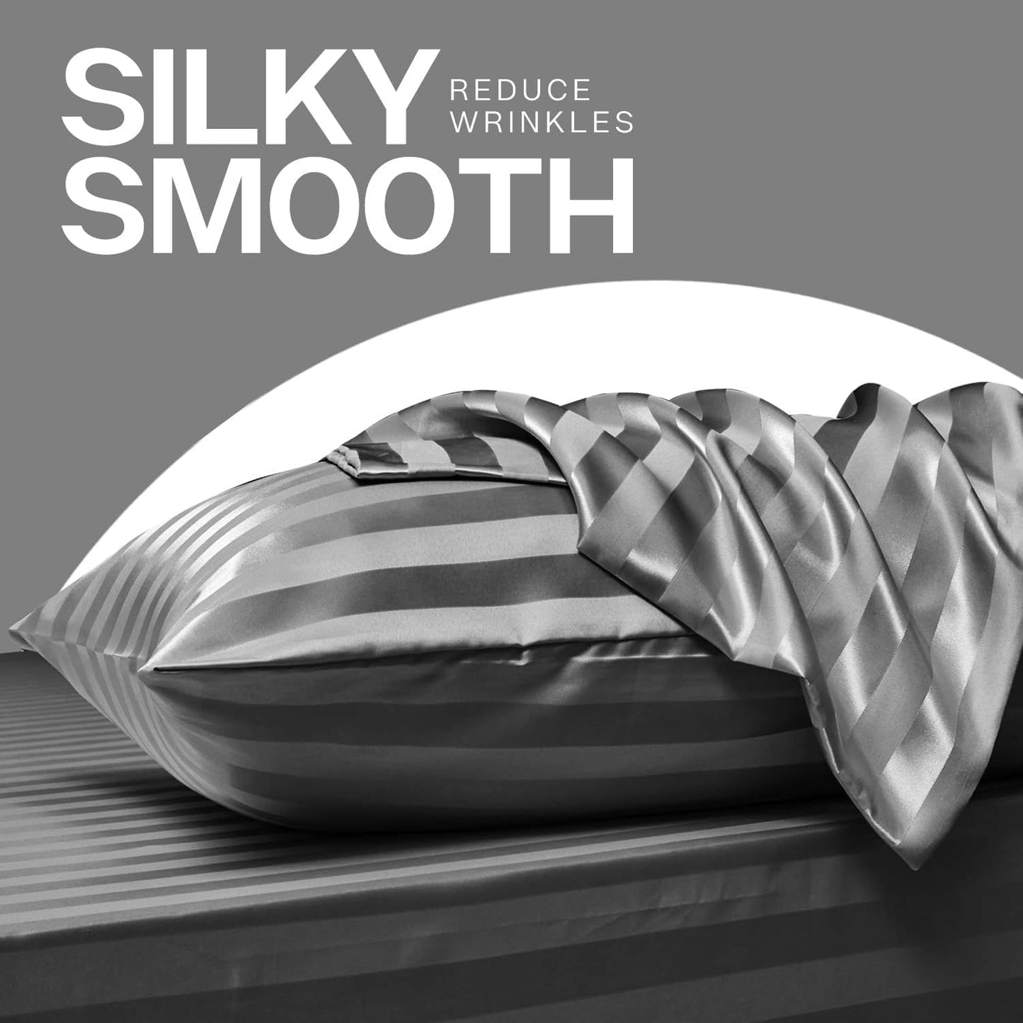 MR&HM Satin Pillowcase for Hair and Skin, Silk Satin Pillowcase 2 Pack, Queen Size Pillow Cases Set of 2, Silky Pillow Cover with Envelope Closure (20x30, Dark Grey Striped)