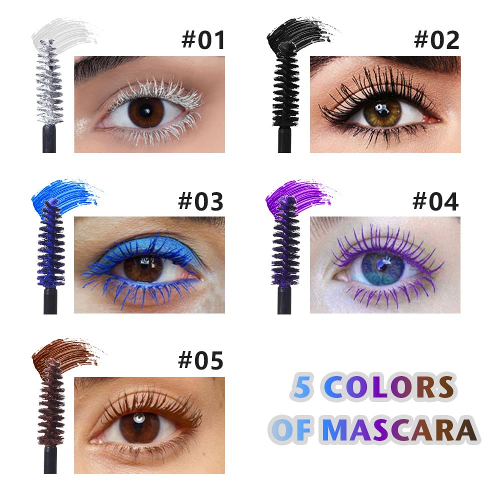 Waterproof 5PCS Colorful Voluminous Mascara Set – Lengthening, Defining, Curling, Multiplying Formula (Cruelty-Free)-White Black Blue Purple Brown Colored Mascara Eyelash Makeup Pack, Festival Gift