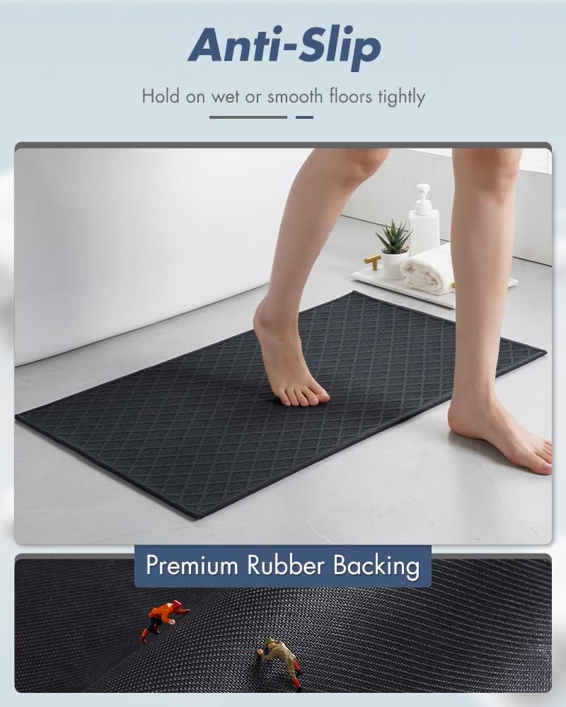 AMOAMI Ultra Thin Bathroom Rugs, Rubber Backed Bath Mats for Bathroom Non Slip, Absorbent Bathroom Mat for Floor, Shower, Sink(16"x24", Black)