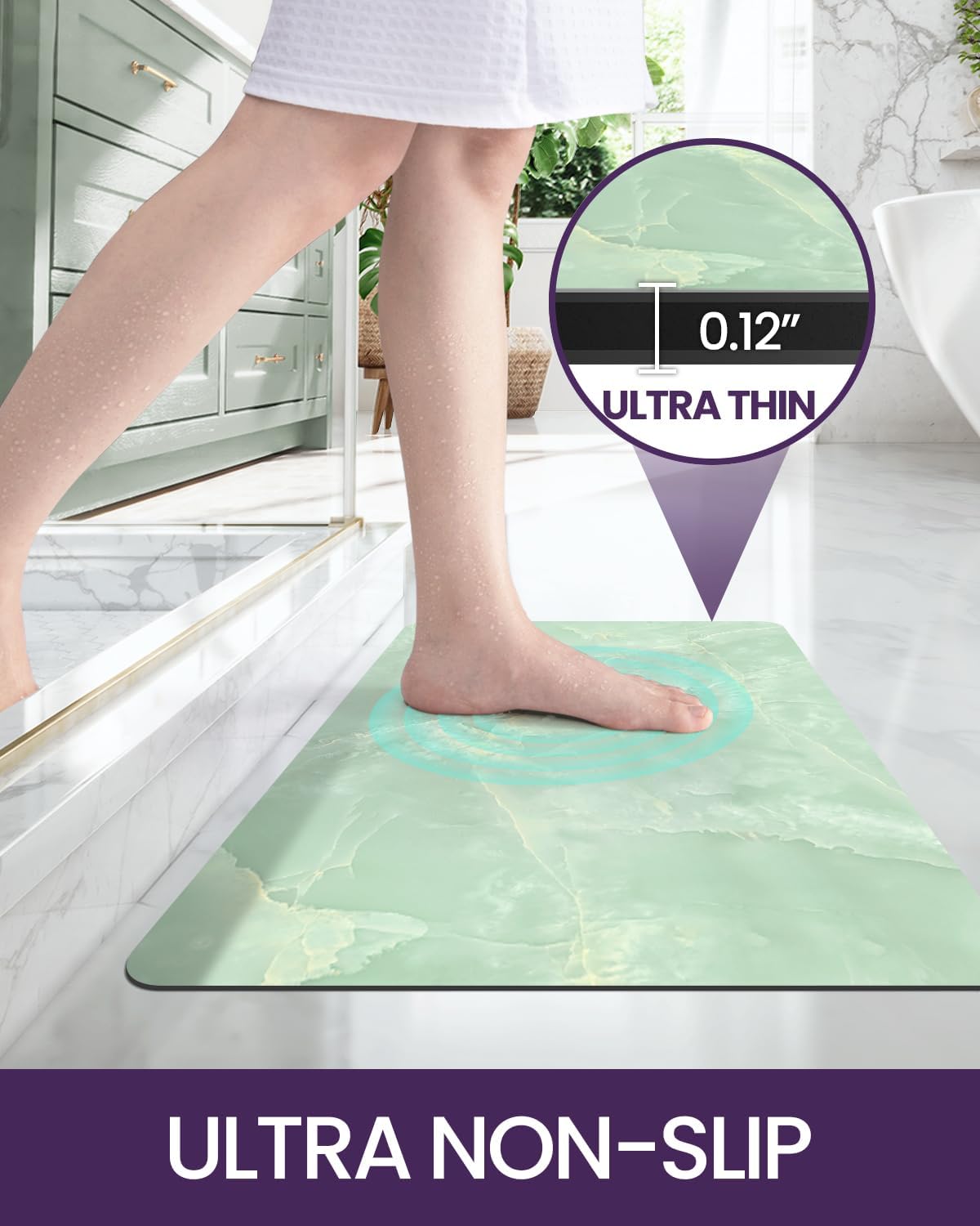 DEXI Bath Mat 17x32, Non Slip Quick Dry Rugs, Super Absorbent Ultra Thin Marble Bathmat, Washable Rubber Mats for Shower Floor, in Front of Bathtub, Sink, Bathroom Accessories Decor, Light Green