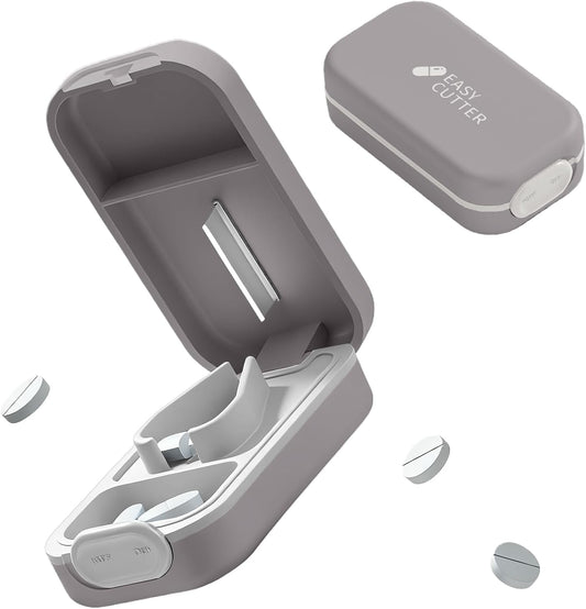 Pill Cutter Splitter for Small or Large Pills with Safety Lock - Accurate and Easy Travel-Friendly Design for Daily Use (Gray)