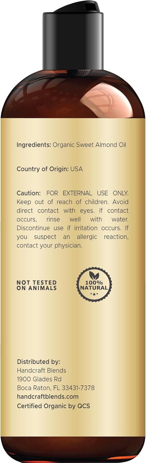 Handcraft Blends Organic Almond Oil - 8 Fl Oz - 100% Pure and Natural - Premium Grade Oil for Skin and Hair - Carrier Oil - Hair and Body Oil - Massage Oil - Hexane-Free