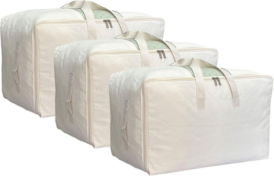 Soft Large Canvas Comforter Storage Bags with Four Carrying Handles and Clear Window, Closet Organizer for Clothing, Blankets Sheets Pillows and Bedding, 80L, 3 Pack, Beige