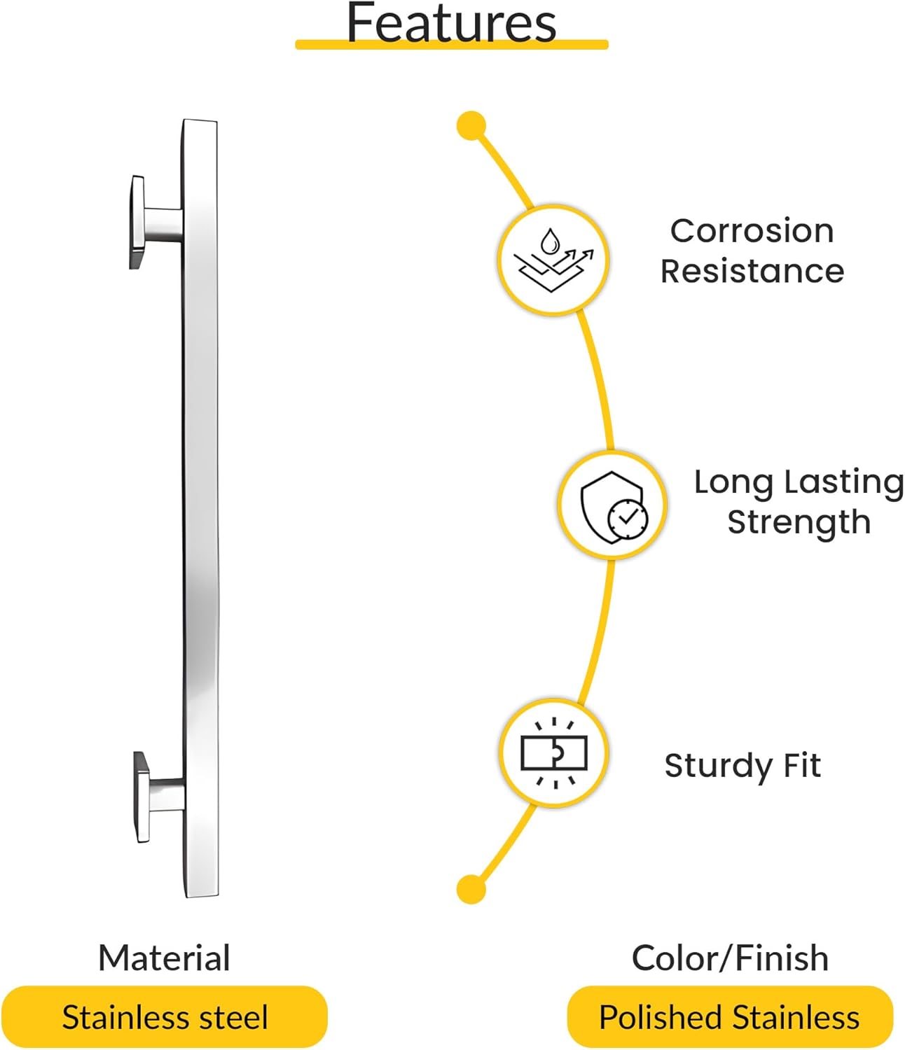 Brixwell Straight Square Grab Bar Stainless Steel Material, Polished Stainless Finish, 25-1/2" Length, 18" Hole Spacing, Tubular 1-1/4" Diameter, Included Cover Flanges and Mounting Hardware