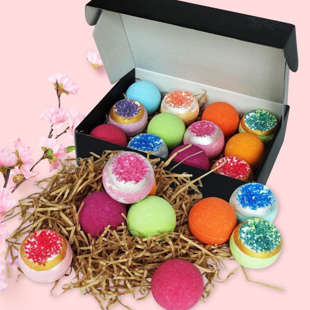 KAV Bath Bombs Set of 12 for Women — Natural Geode Bathbombs for Girls, Tweens | Organic Bath Bomb Giftset with Various Scents and Colors | Moisturizing Spa Fizzies — Essential Oil Infused Gift-Ready
