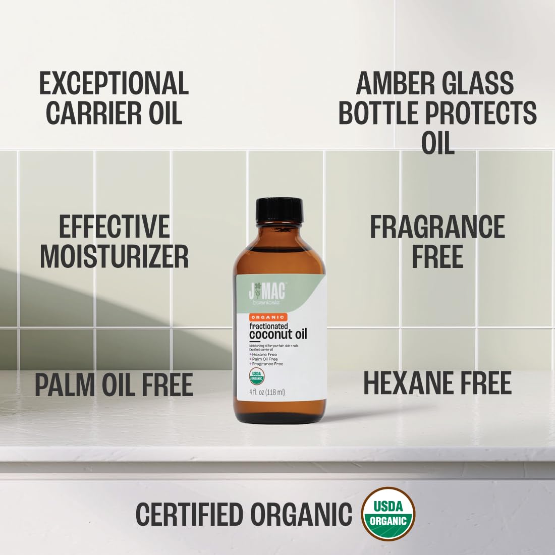 J MAC BOTANICALS Organic Fractionated Coconut Oil (4 oz Glass Bottle) Organic Carrier Oil and moisturizer