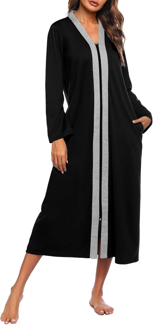 Ekouaer Women Zipper Robe Long Sleeve Loungewear Lightweight Housecoat Full Length Nightgown with Pockets