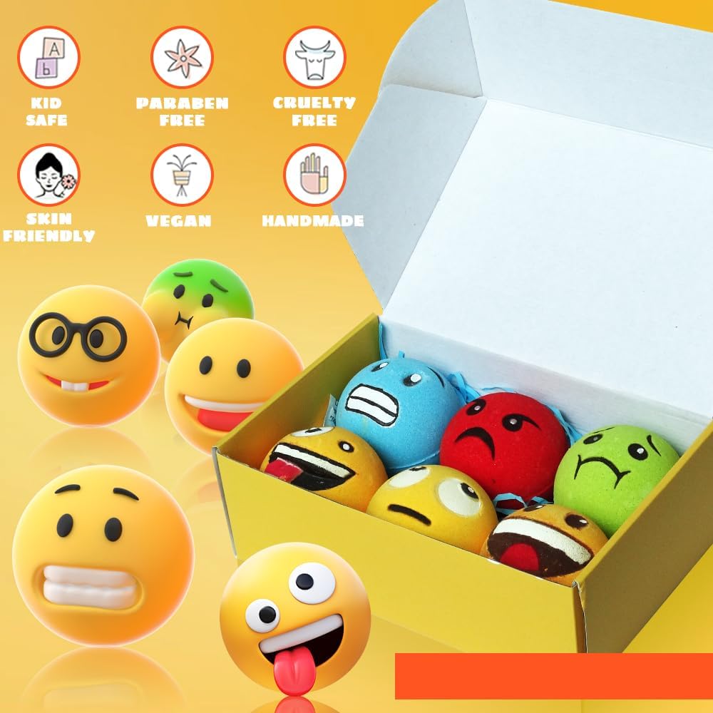 Large Emotion Face Bath Bombs Set of 6 – Fun Emoji-Inspired Spa Fizzies – Handmade with Shea Butter, Cocoa Butter & Essential Oils – Moisturizing Gift Set for Women, Men & Kids
