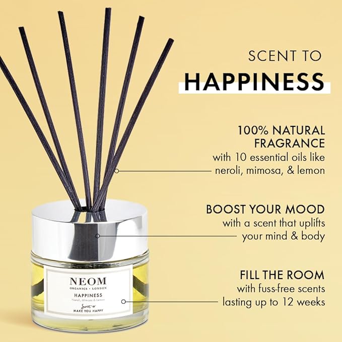 NEOM Happiness Reed Diffuser, 3.38fl oz | Uplifting Scent | Neroli, Mimosa & Lemon Essential Oil Blends| 100% Natural Fragrance | Scent to Make You Happy…