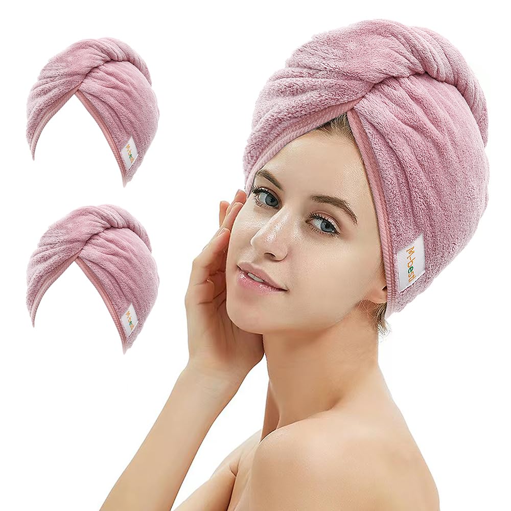 2 Pack Microfiber Hair Towel Wrap,Hair Drying Towel with Button Design,Head Towel to Dry Curly Hair Quickly (Bean Pink)
