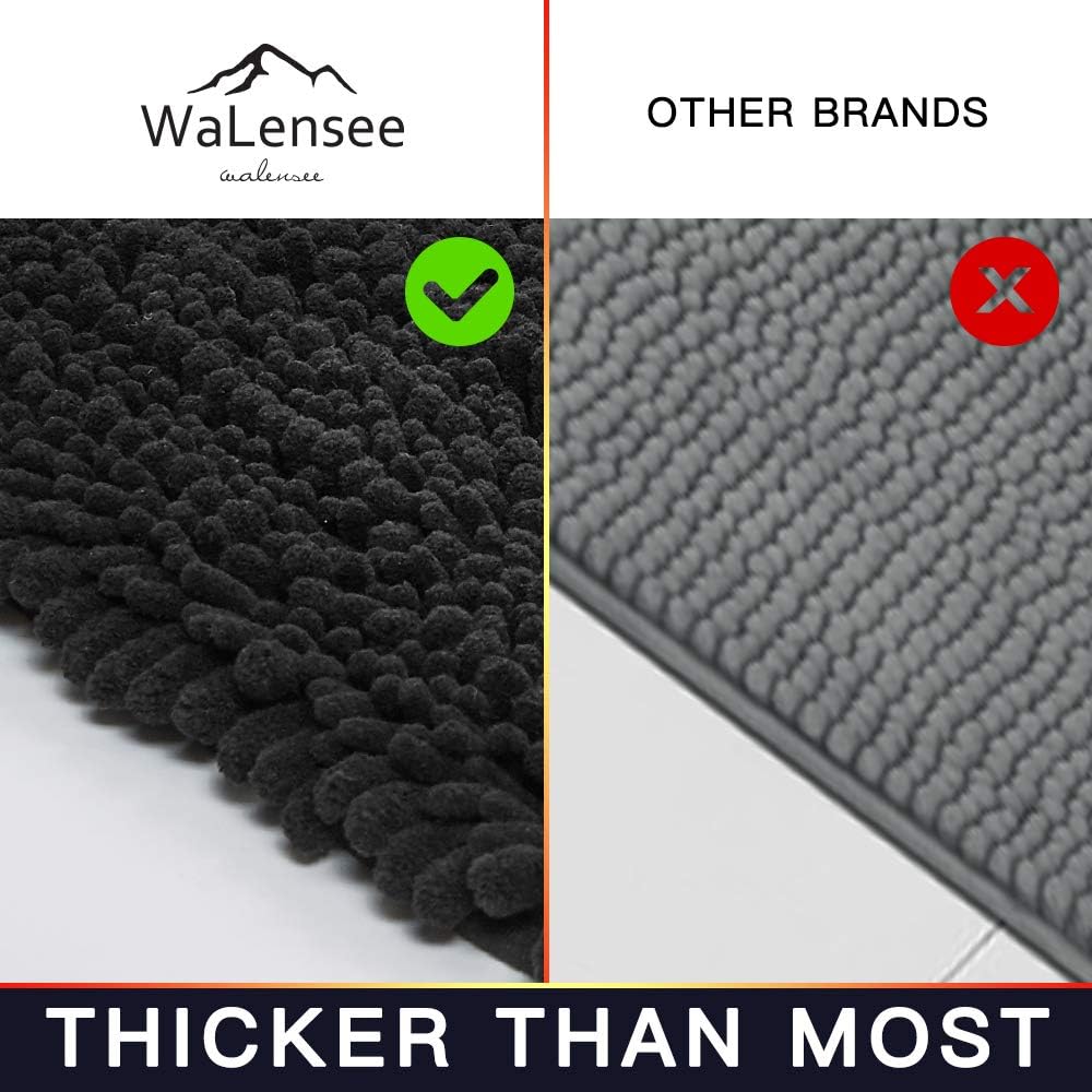 Walensee Large Bathroom Rug Non Slip Bath Mat (24x60 Inch Black) Water Absorbent Super Soft Shaggy Chenille Machine Washable Dry Extra Thick Perfect Absorbant Best Plush Carpet for Shower Floor