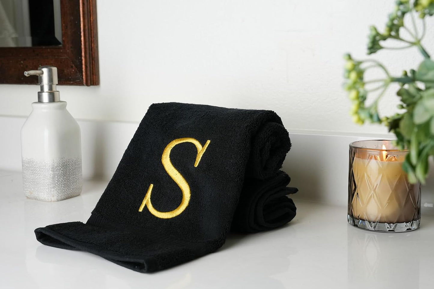 Black, Letter Hand Towel for Bathroom - Monogrammed Initial Hotel Quality Decorative Embroidered Towel for Powder Room, Spa - GOTS Organic Certified - Pack of 2 - Letter S