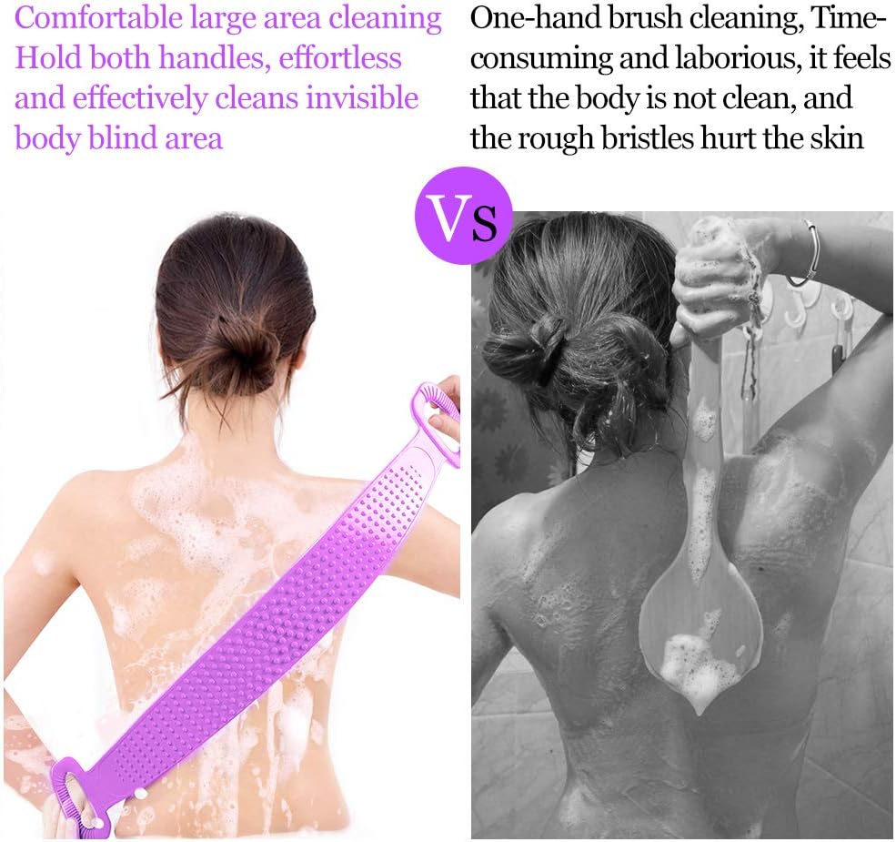 Inmorven Exfoliating Back Scrubber for Shower with Handles, 30 Inch Double-Sided Back Exfoliator Body Scrub Towel, Exfoliating Washcloth Bath Tool for use in Shower, Clean Skin for Men & Women(Purple)