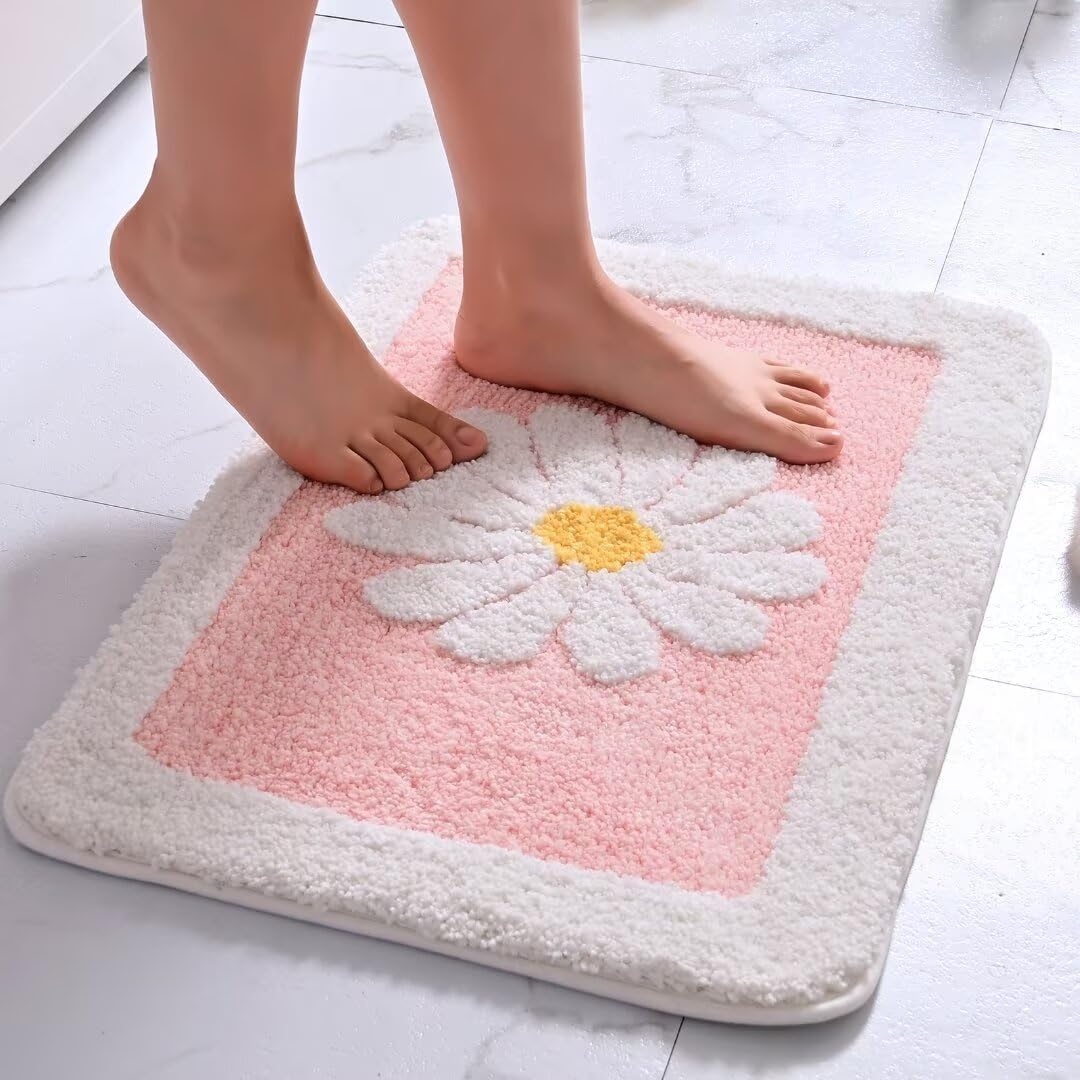 Fluffy Soft Superfine Fiber Bath Rugs, White Flower - Non Slip, Machine Wash, Plush Mat for Bathroom & Shower Room (16" 24", Pink)