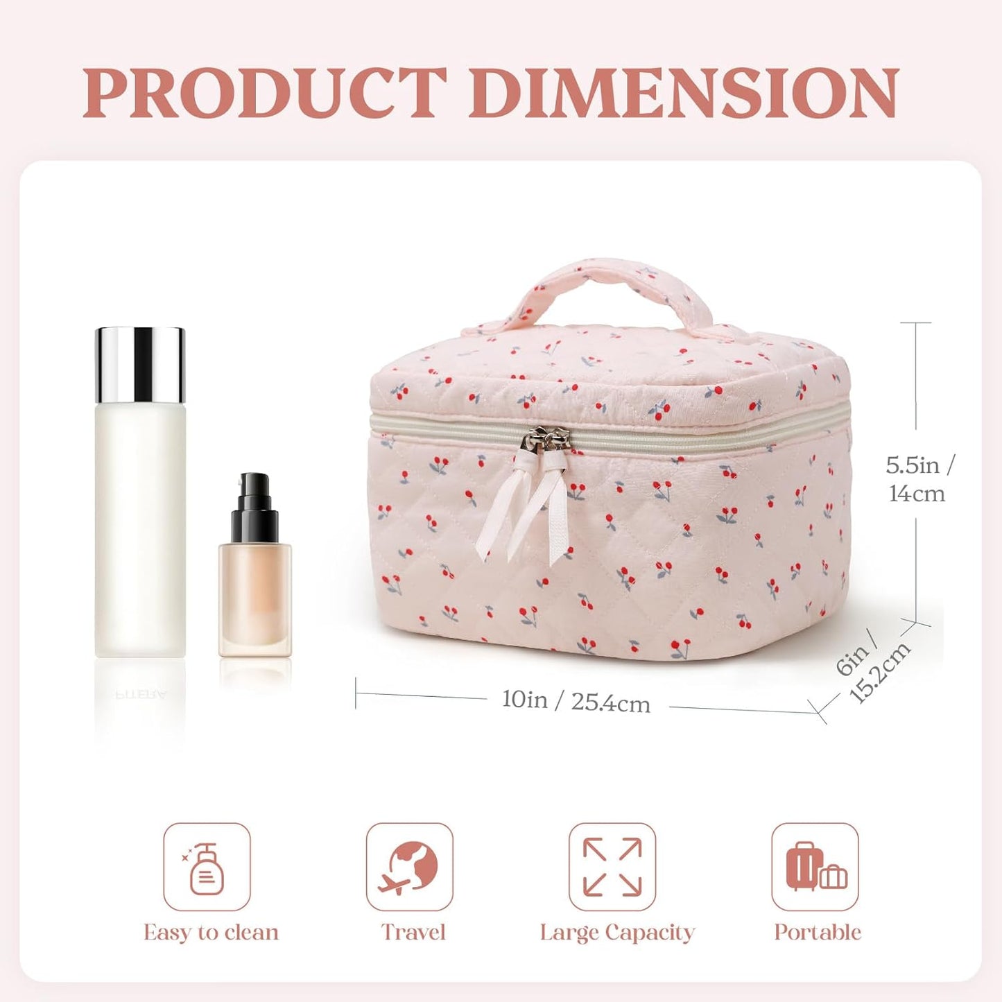Prite Large Cosmetic Bags for Women Cute Makeup Bag Floral Coquette Aesthetic Toiletry Bag Travel Make Up Organizer Bag (Cherry)