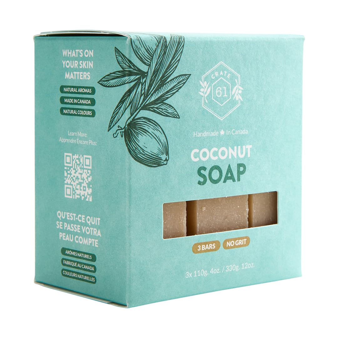 Crate 61 Organics, Handmade Vegan Natural Bar Soap Cold Pressed For Face And Body, With Premium Essential Oils, For Men And Women 3 Pack (Coconut)