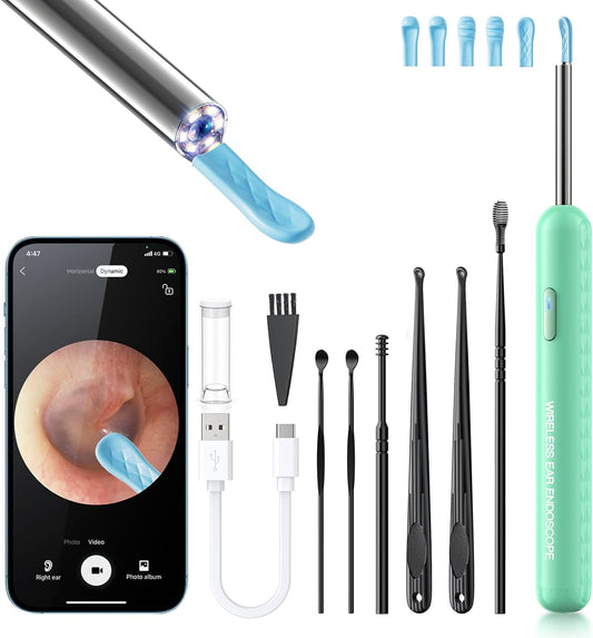 Ear Wax Removal, Ear Cleaner with Camera and Light, Ear Wax Removal Kit with 8 Pcs Set, Ear Wax Removal Tool Camera with 1080P, Ear Cleaning Kit with 6 Spoons, Ear Camera for iOS & Android (Green)