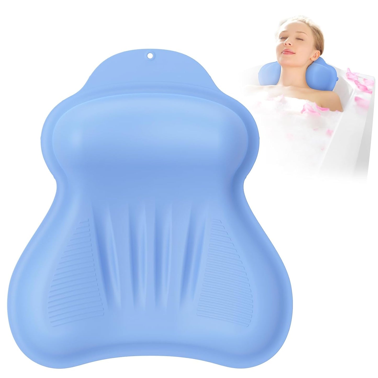 Silicone Bath Pillow, New Material Bath Pillows for Tub Head Neck and Back Support, Bath Tub Pillow with 4D Press Inflatable Airbag and Non-Slip Strong Suction Cups, Quick-Drying, Easy to Store, Blue