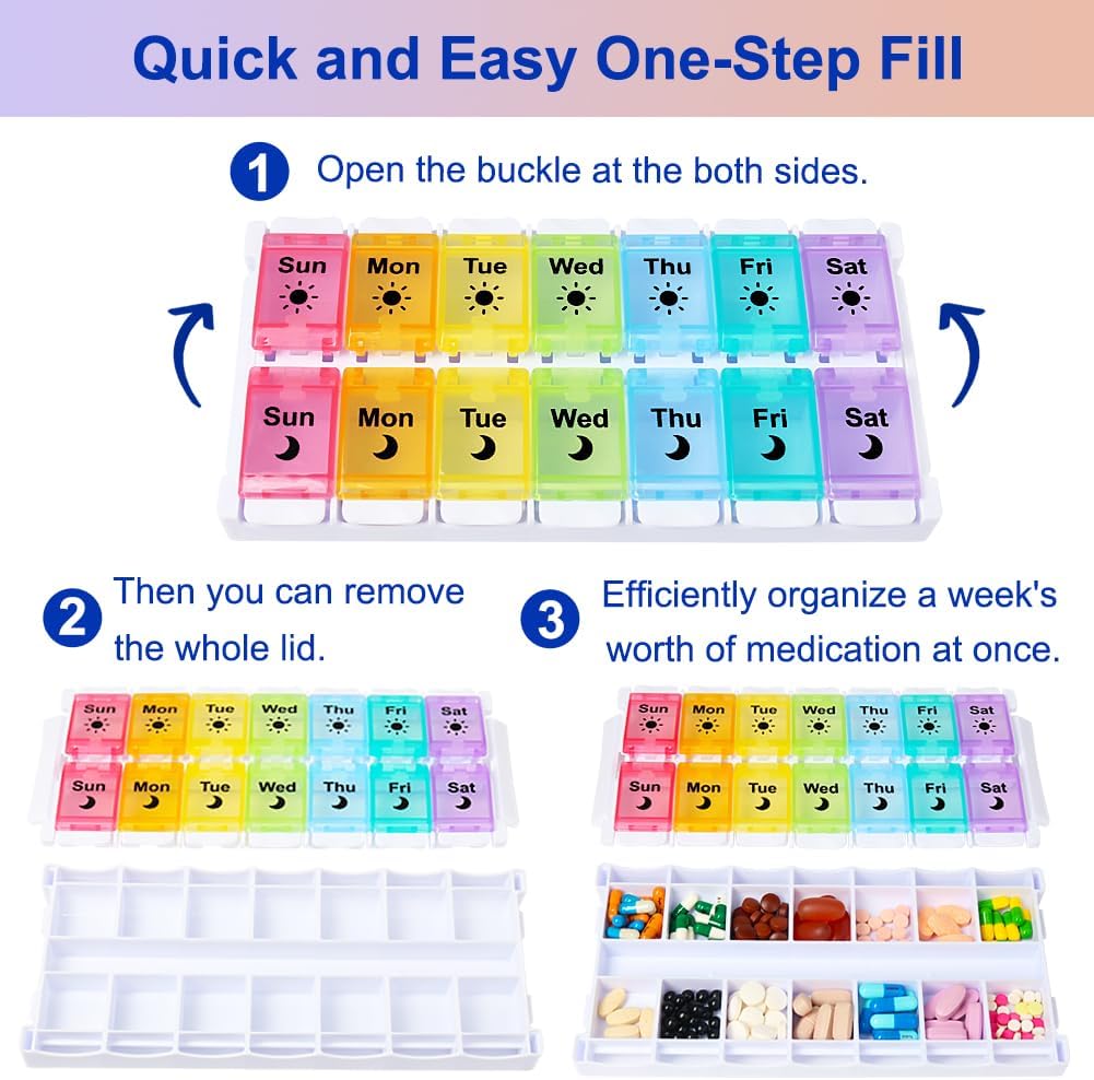 HRX Package Medicine Pill Boxes 7 Day AM/PM, Easy Fill & Open Medication Organizer Vitamin Reminder Holder Day and Night