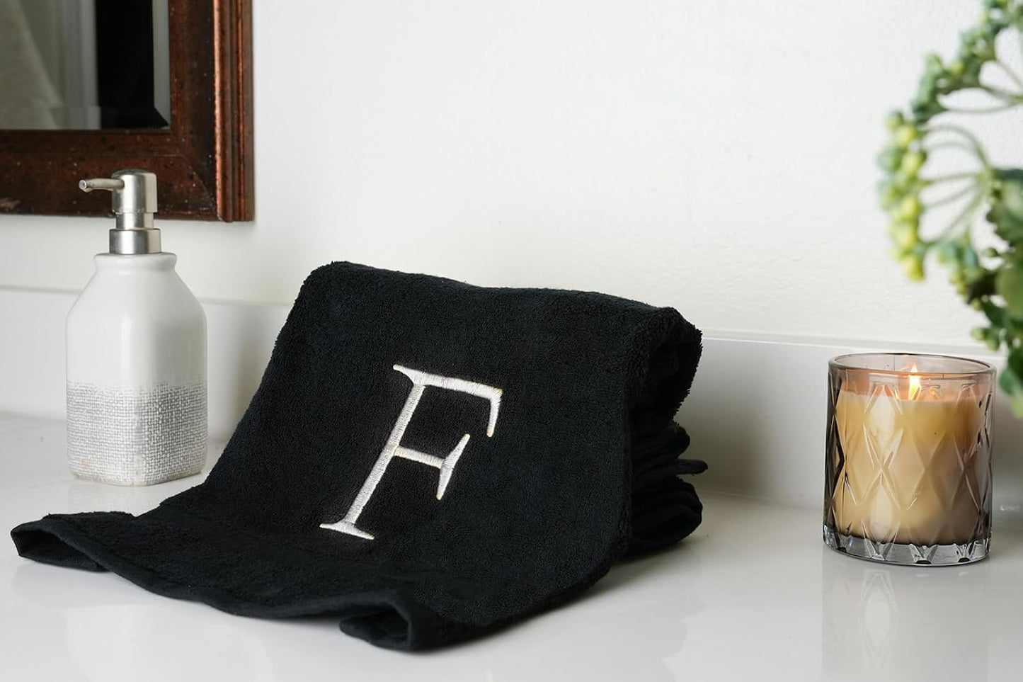 Black Monogrammed Hand Towel for Bathroom - Initial Hotel Quality Decorative Embroidered Luxury Towel for Powder Room, Spa - GOTS Organic Certified - Pack of 2, Letter F