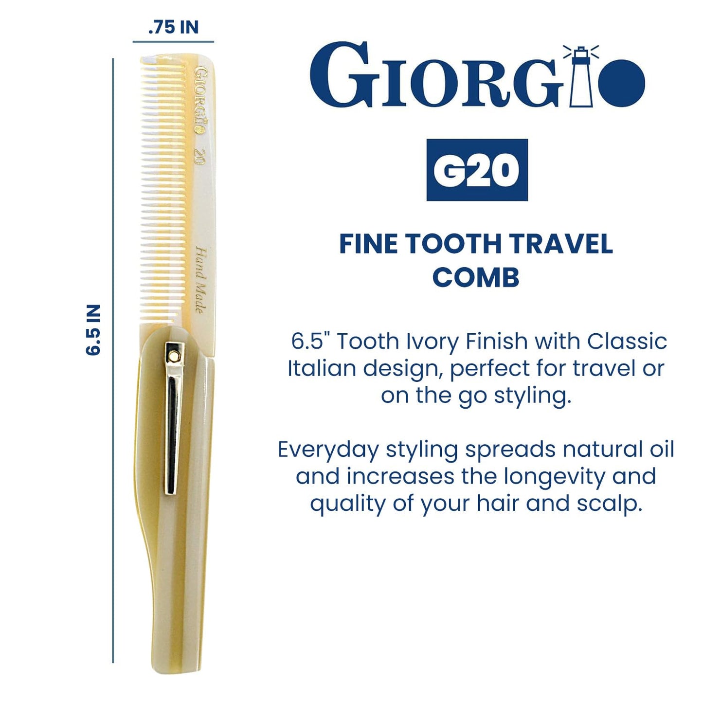 Giorgio G20 IVY Folding Fine Tooth Mustache and Beard Comb 6.5 Inches - Sawcut and Hand Polished Ivory Styling and Travel Comb for Everyday Hair Care