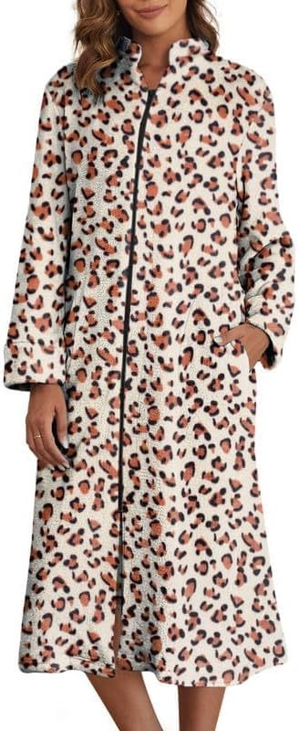 Ekouaer Women's Zip Up Robe Fleece Bathrobe Long Zipper Lounger Warm Housecoat Long Sleeve Nightgown with Pockets S-XXL
