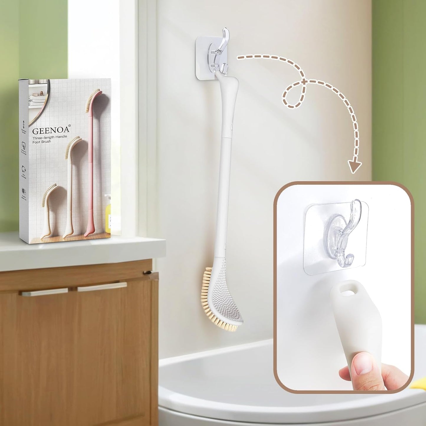 New Foot Brush with Adjustable Long Handle, 3-in-1 Foot Scrubber for Wet or Dry Brushing, 10.2’’- 27.5’’ Foot Scrub Brush for Senior, Pregnant, Disabled, or Injured, Gift-Box Packed(White)