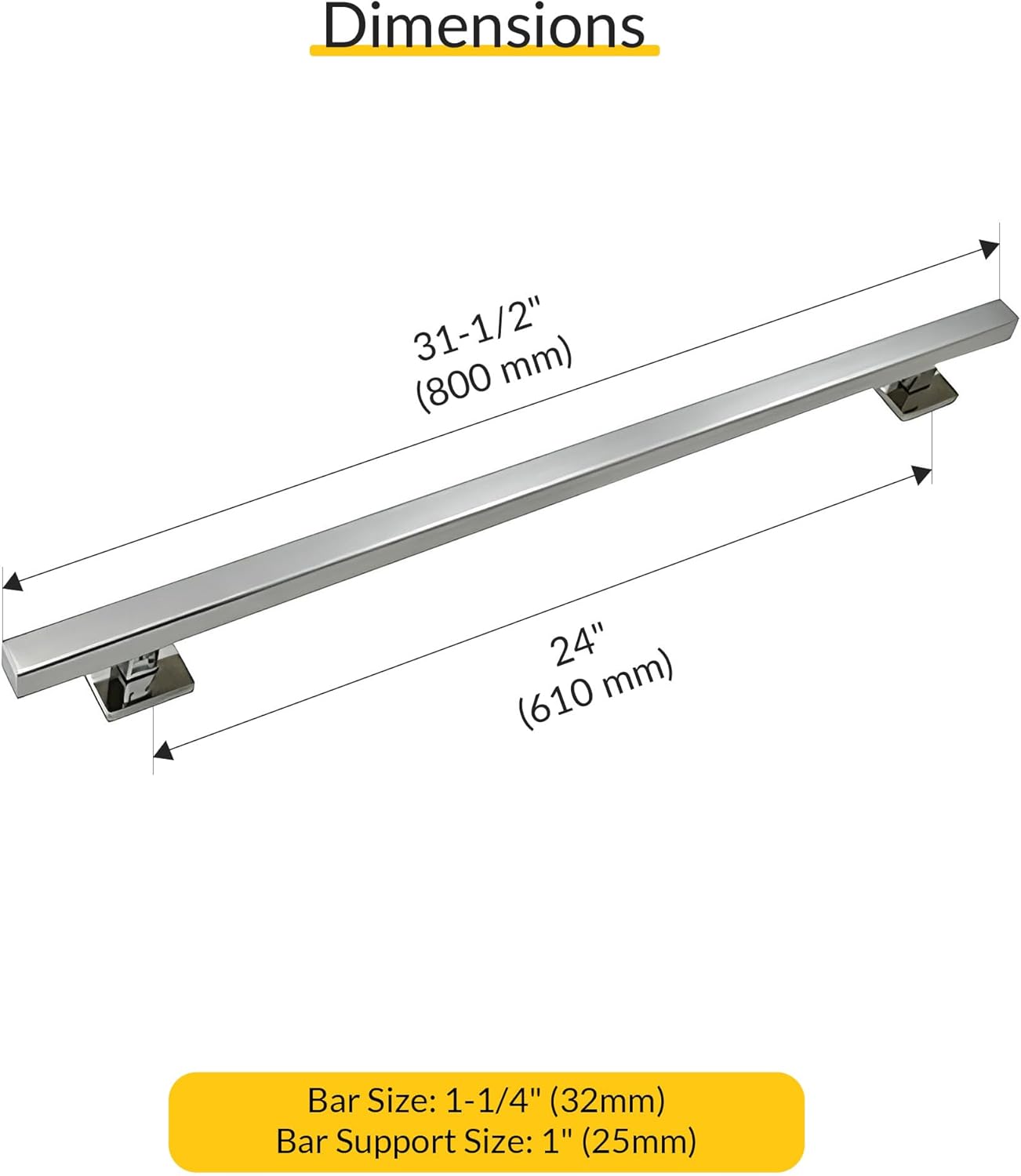 Brixwell Straight Square Grab Bar Stainless Steel Material, Polished Stainless Finish, 31-1/2" Length, 24" Hole Spacing, Tubular 1-1/4" Diameter, Included Cover Flanges and Mounting Hardware