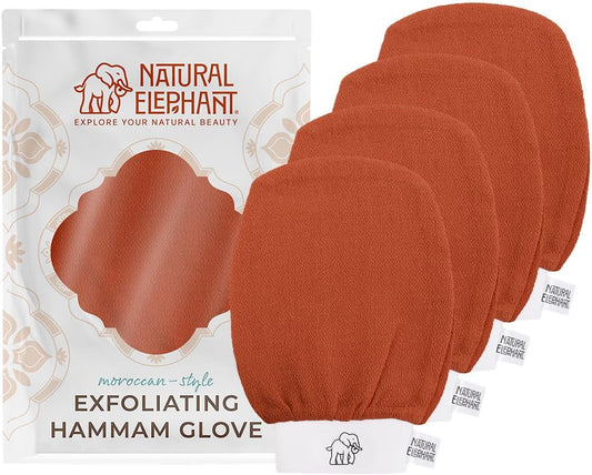 Natural Elephant Exfoliating Kessa Glove - Face and Body Exfoliator Hammam Mitt (Burnt Orange (Pack of 4))