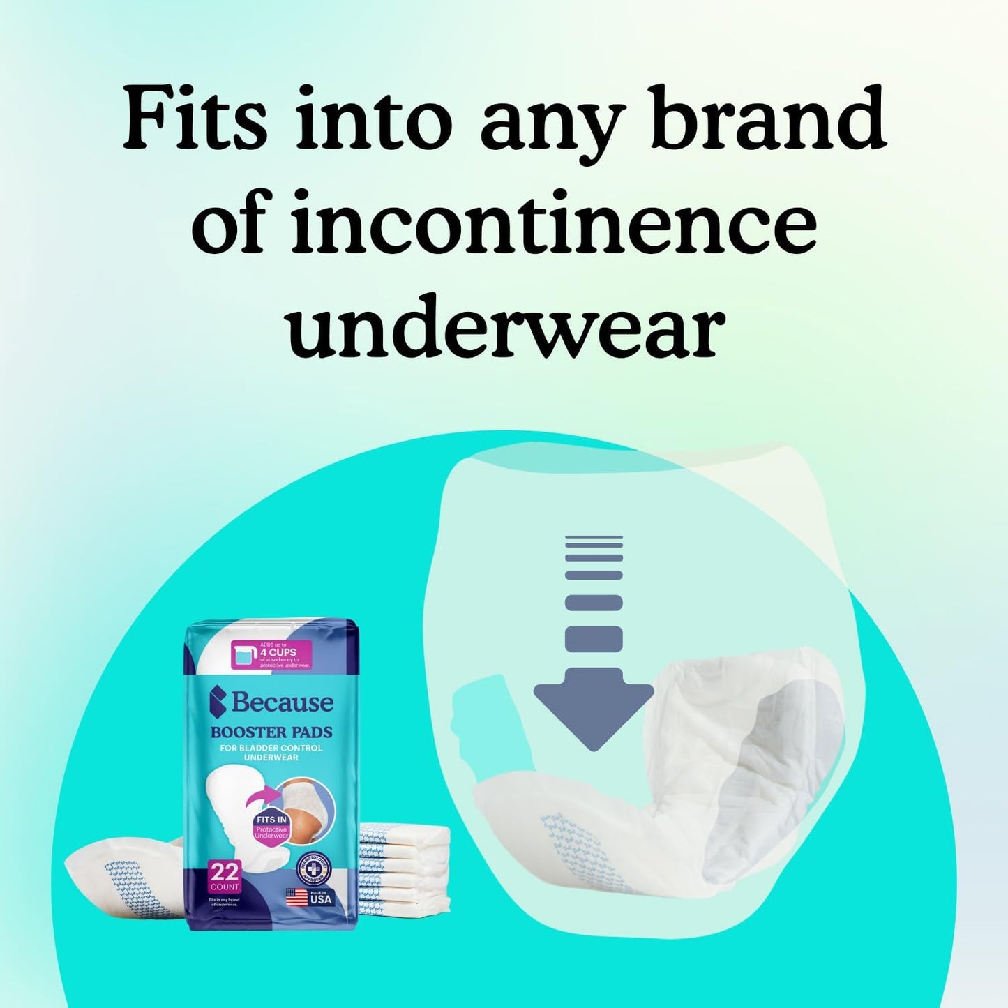 Because Premium Incontinence Booster Pads for Men and Women, Adds Extra Absorbency to Adult Diapers, Super Soft, Adhesive Strip Backing, Unisex, 22 Count
