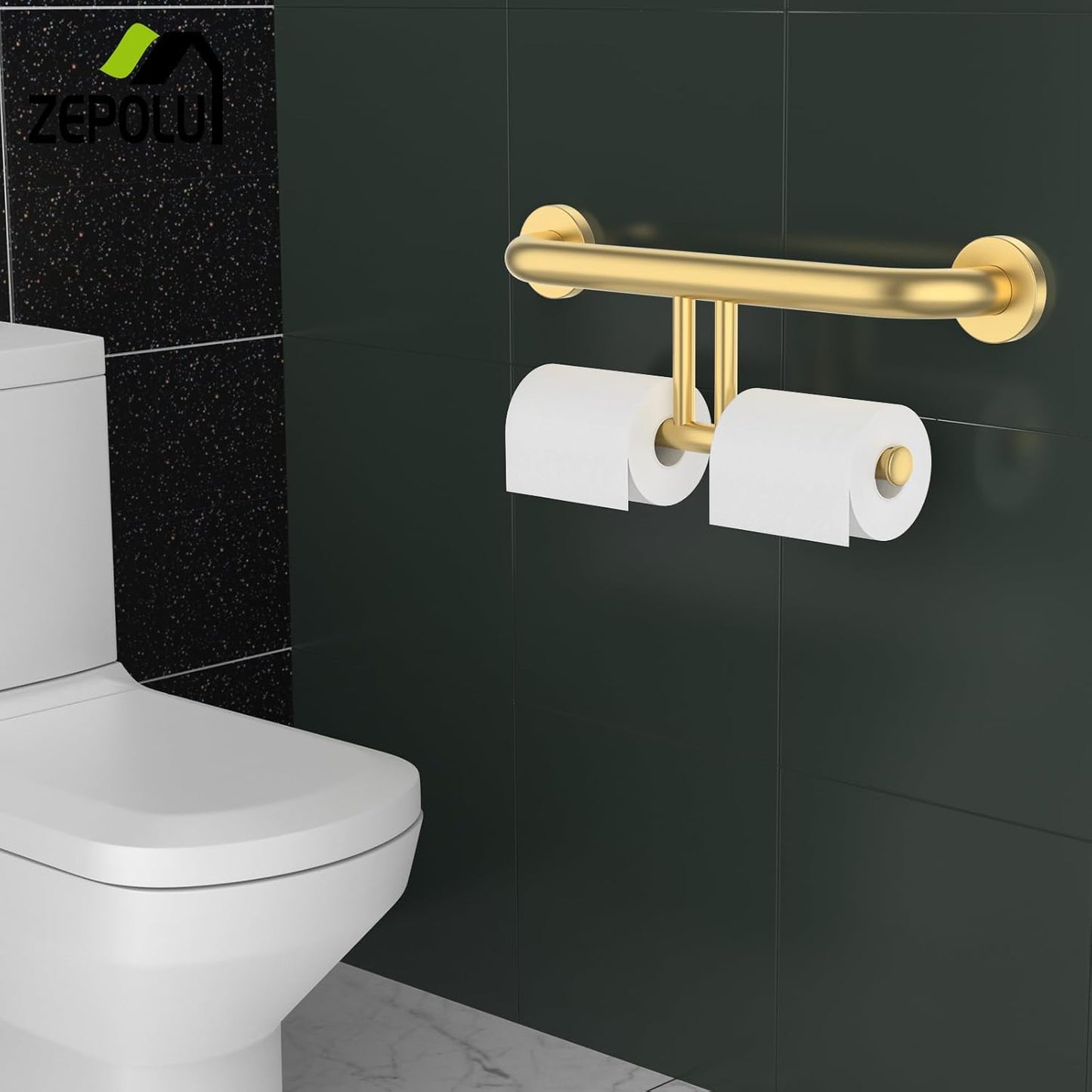 Brushed Gold Grab Bar for Bathroom 17 Inch, Zepolu Stainless Steel 2-in-1 Safety Handrail w/Double Toilet Paper Holder, Wall Mounted Balanced Support Bar Assist Handle for Senior Elderly Handicap