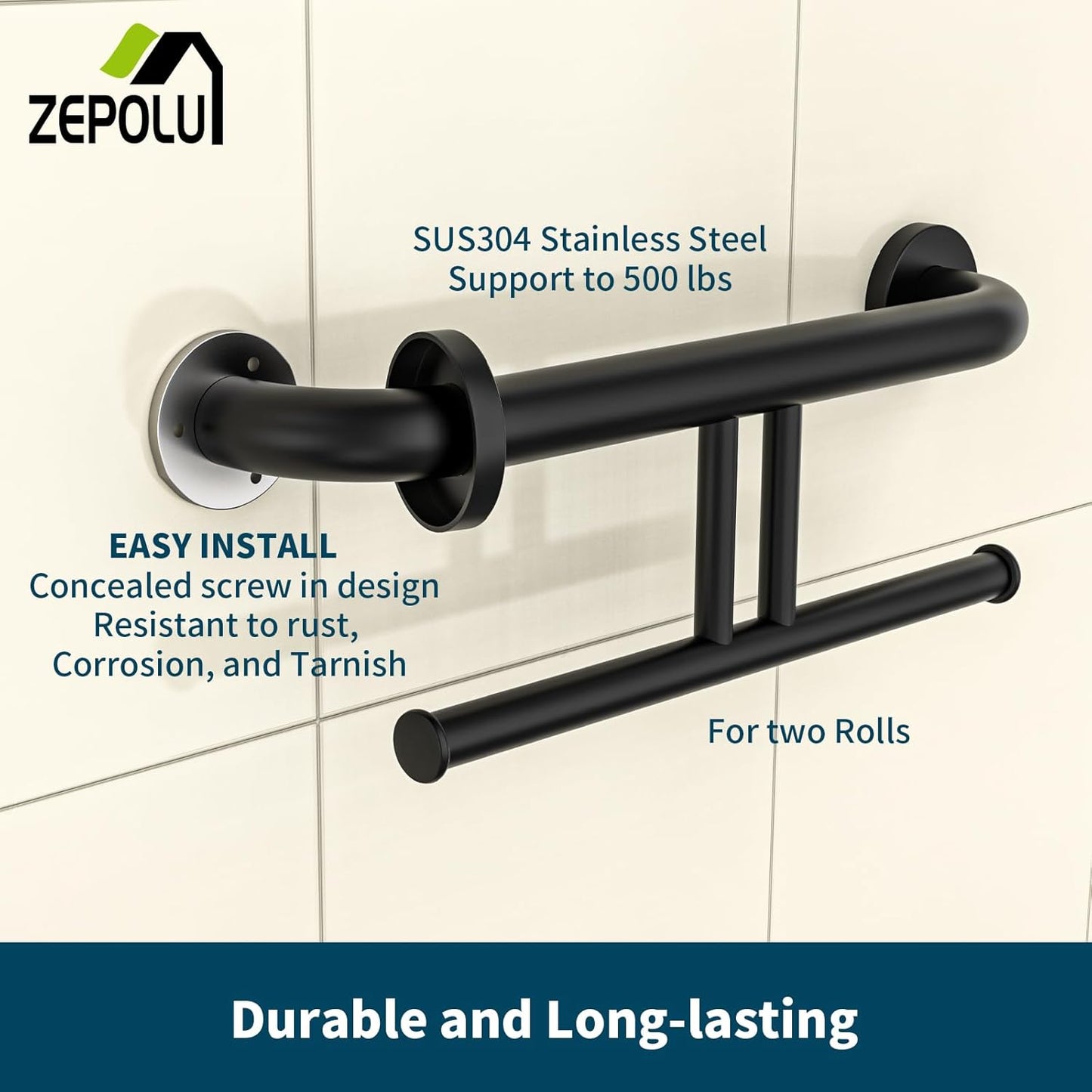 Black Handicap Grab Bar w/Toilet Paper Roll Holder, Zepolu 2-in-1 Safety Assist Bar Balanced Support Handle 17 Inch, Stainless Steel Wall Mounted Bathroom Toilet Grab Bar for Senior Elderly Disabled