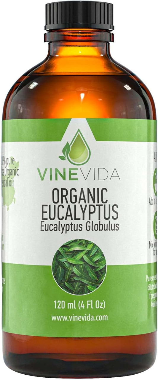 VINEVIDA Organic Eucalyptus Essential Oil 4 oz - Undiluted Organic Eucalyptus Oil 4 oz - Organic Eucalyptus Candle Oil Scent - DIY Candle Scents for Candlemaking - Bulk Essential Oil for Soap Making