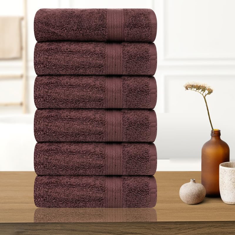Ample Decor Bathroom Hand Towel 18 X 28 Inch 600 GSM 100% Cotton, Soft Absorbent - 6 Pcs Brown