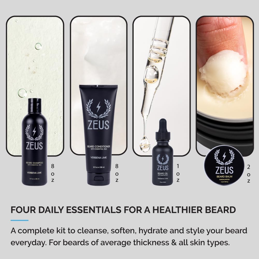 ZEUS Everyday Beard Kit for Men, Facial Hair Shampoo, Conditioner, Oil, Balm & Tin Gift Box, Premium Beard Care & Grooming Set (Made in USA) Verbena Lime