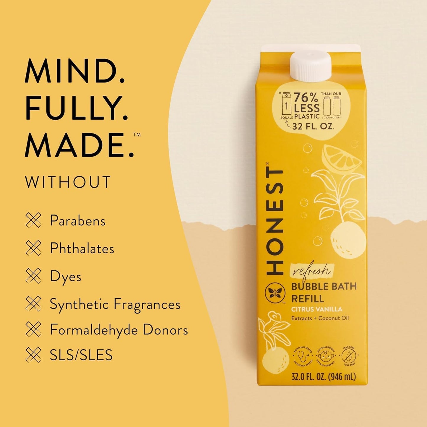 The Honest Company Foaming Bubble Bath Refill Carton | Gentle for Baby | Naturally Derived, Tear-Free, Hypoallergenic | Citrus Vanilla Refresh, 32 fl oz