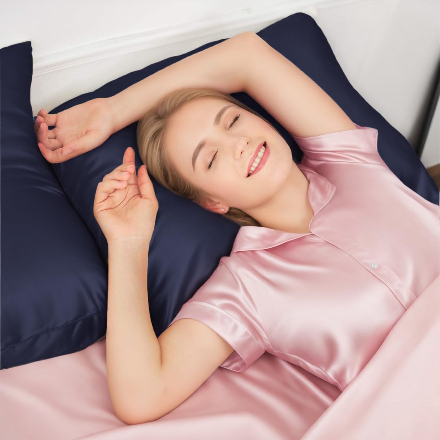 INSSL Silk Pillowcase for Women, Mulberry Silk Pillowcase for Hair and Skin and Stay Comfortable and Breathable During Sleep (Queen, Navy Blue)