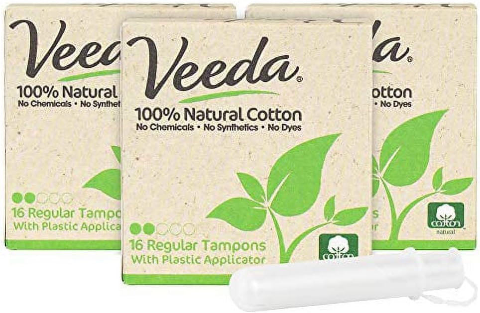 Veeda 100% Natural Cotton Tampons - Regular Absorbency with Leak Proof Protection - Compact BPA-Free Applicator - Unscented & Free from Chlorine, Toxin - 96 Count