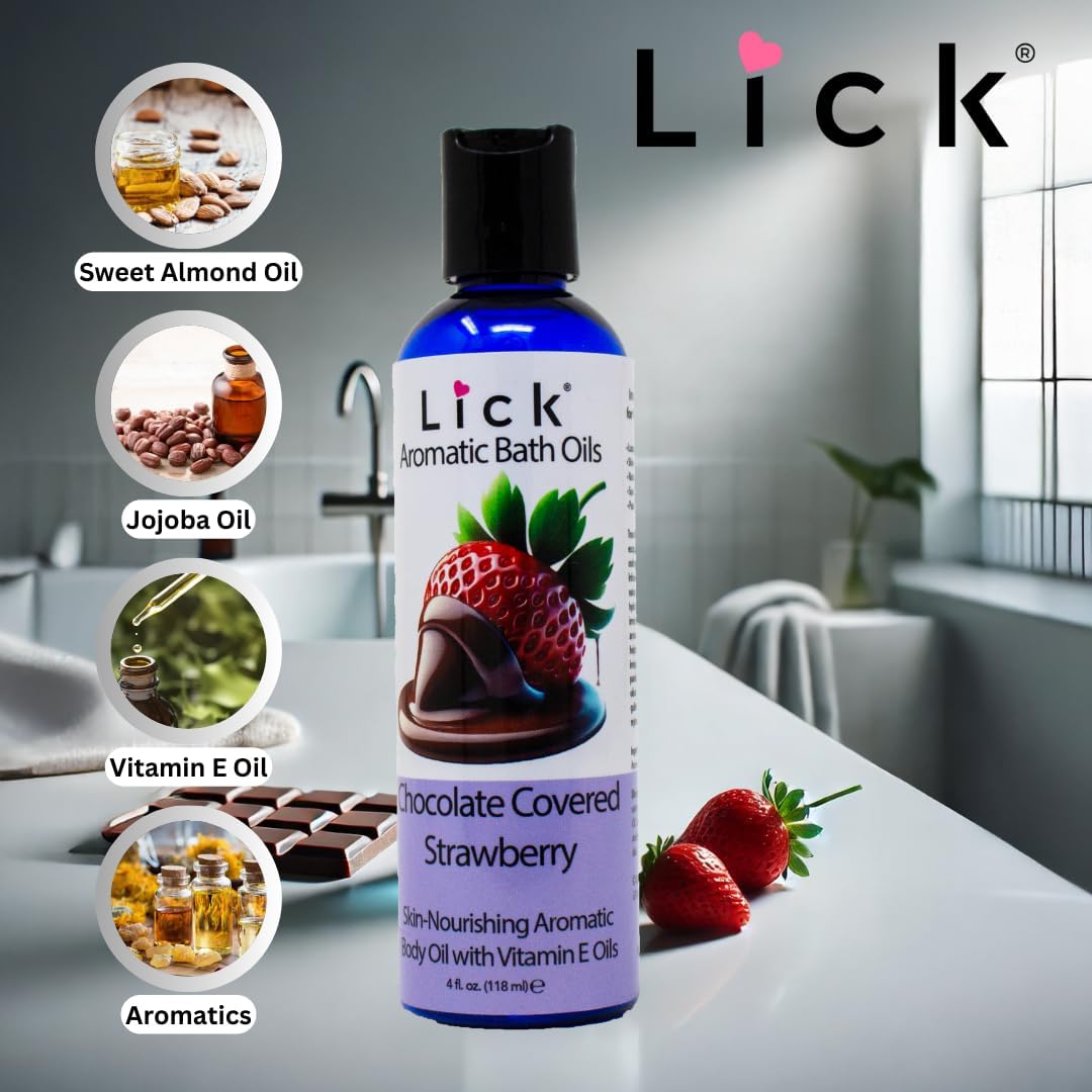 LICK Chocolate Covered Strawberry Aromatic Bath Oil - Natural Sweet Almond, Vitamin E & Jojoba Oils for Luxurious Experience for Women. Moisturizes Dry Skin, 12 Enchanting Aromas, Made in USA 4 fl oz