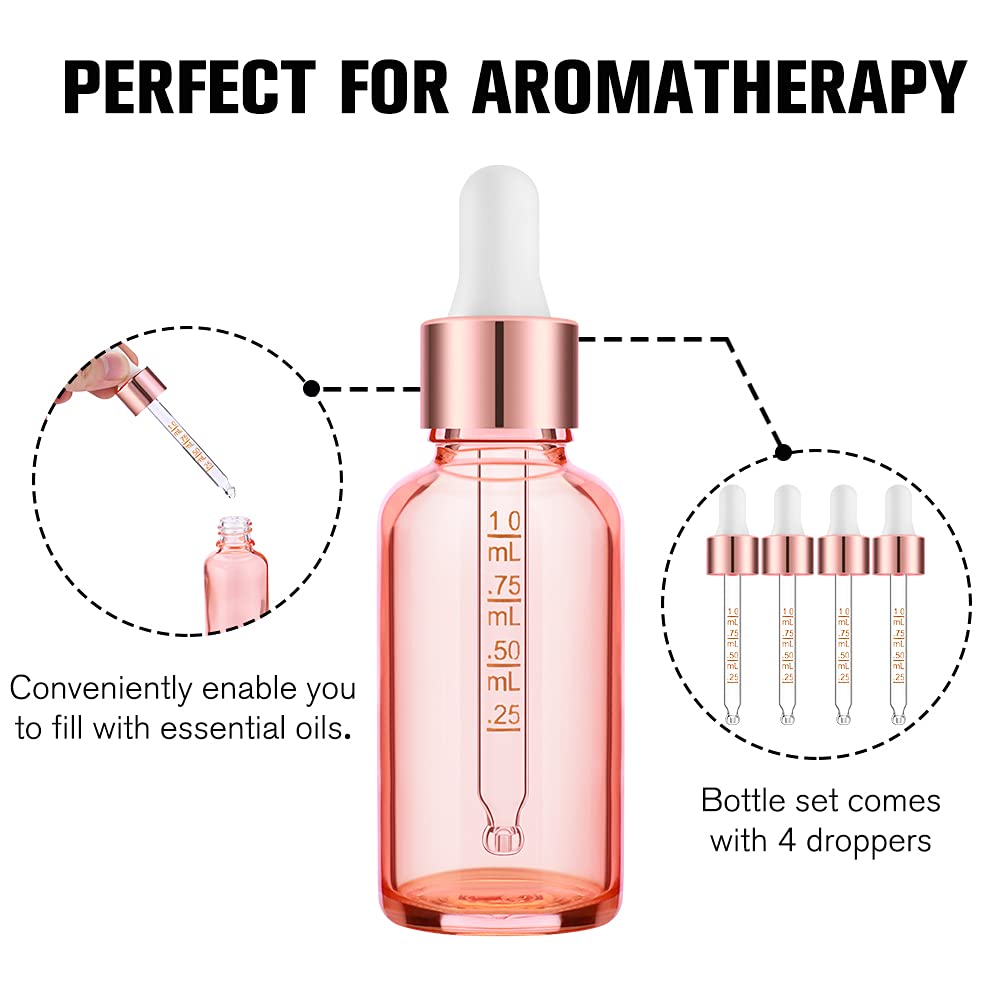 PrettyCare 4 Pack 1oz Dropper Bottles for Essential Oils with Labels, Funnel & Measured Pipettes, 30 ml Leak Proof Rose Glass Essential Oils Bottles- Empty Tincture Bottles for Personal Care & Beauty