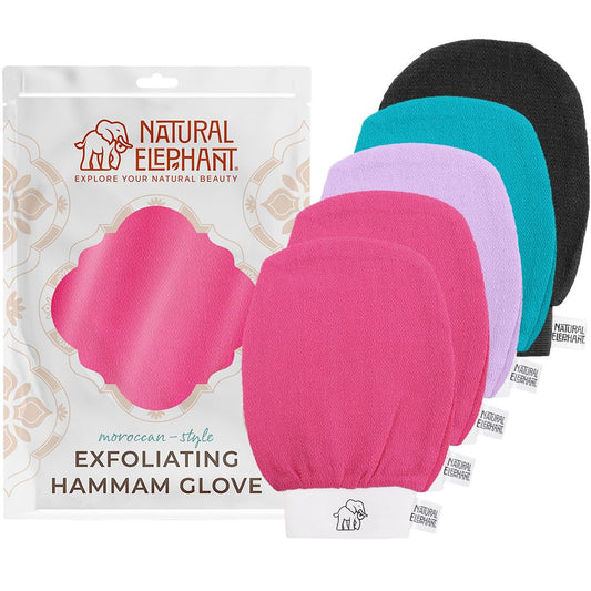 Natural Elephant Exfoliating Hammam Glove - Face and Body Exfoliator Mitt 5 and 10 Packs (2 Pink, 1 Black, 1 Teal, 1 Lilac (Pack of 5))