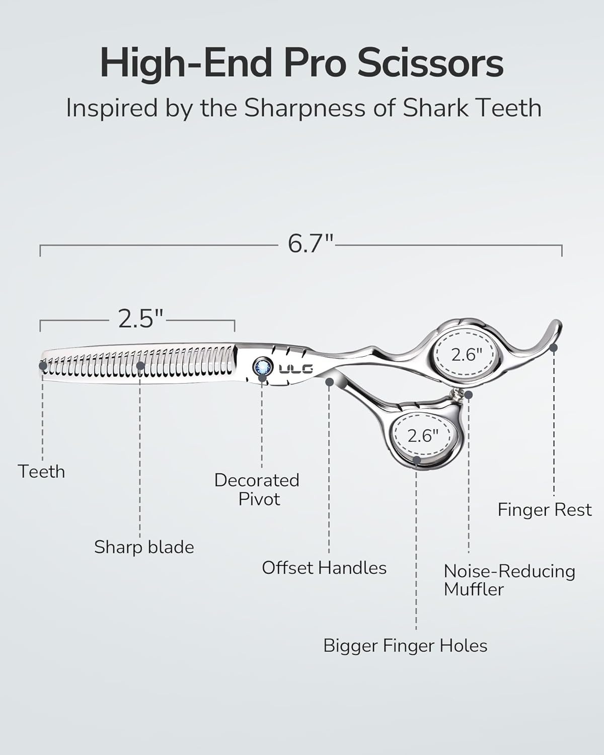 ULG Hair Thinning Scissors 6.7” Shark Series 100% Japanese Stainless Steel, Offset Handle, 30 Deer-Tooth Thinner 35% Hair Removal, Professional Barber Layering Shears for Salon & Home Hair Styling