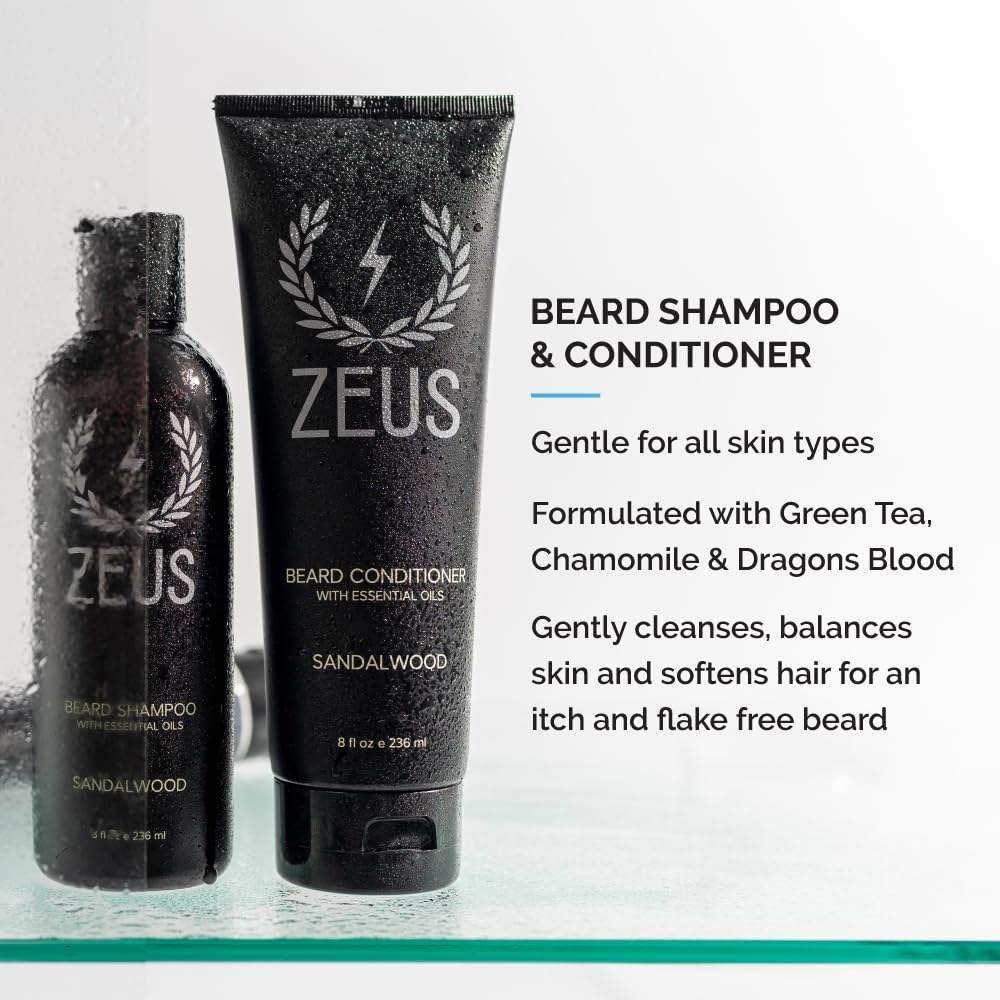 ZEUS Everyday Beard Kit for Men, Facial Hair Shampoo, Conditioner, Oil, Balm & Tin Gift Box, Premium Beard Care & Grooming Set (Made in USA) Sandalwood