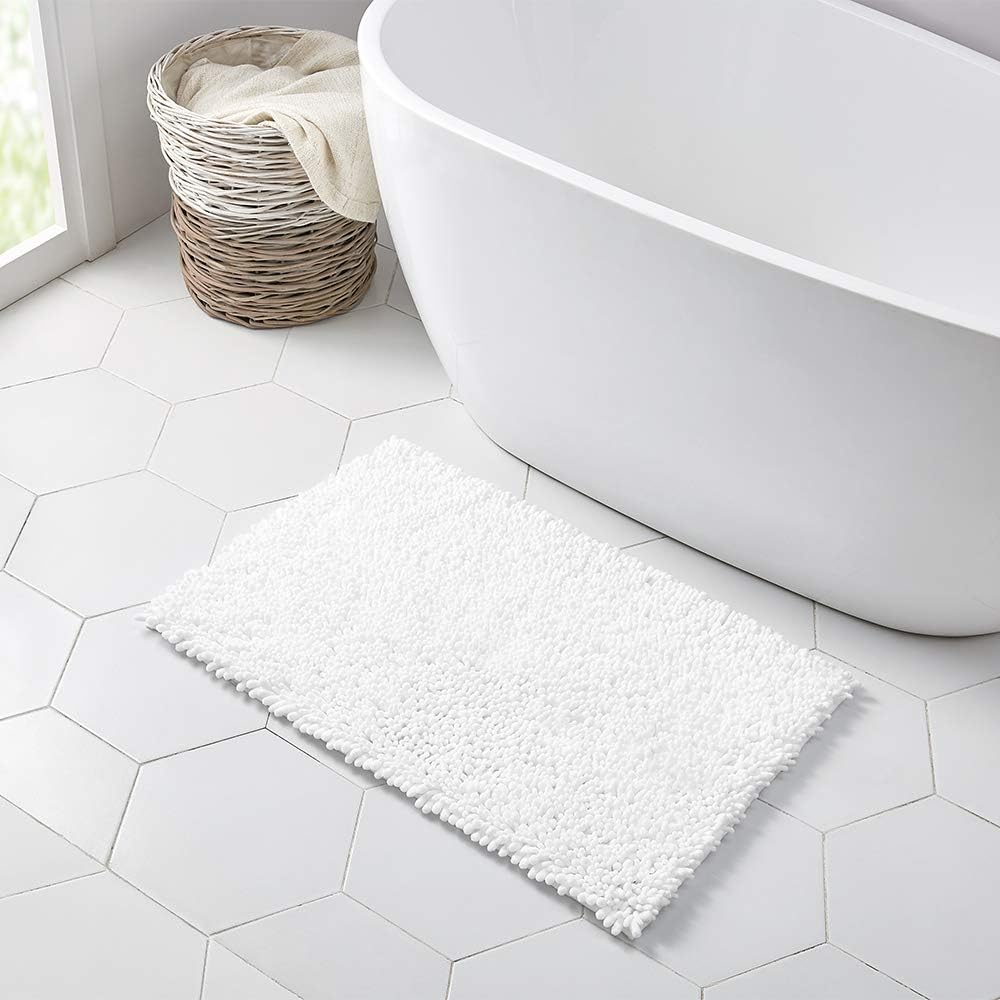 Walensee Bathroom Rug Non Slip Bath Mat (36x24 Inch White) Water Absorbent Super Soft Shaggy Chenille Machine Washable Dry Extra Thick Perfect Absorbant Best Large Plush Carpet for Shower Floor