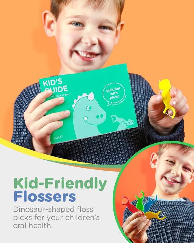 Piico Unflavored Kids Floss - No Fluoride Dual Line Dental Floss Picks - Fun Oral Care in Colorful Floss Sticks Design - Flossers Prevent Tooth Decay & Gum Disease - 300 Playground Dino & Travel Case